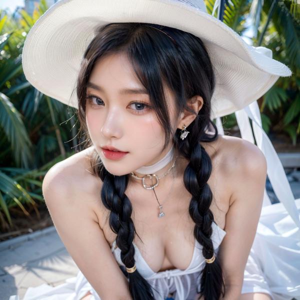    AI美女拟实写真：戴白色遮阳帽的清纯尤物，户外泳池边的性感私房照，展现曼妙曲线与如雪肌肤第112张图片