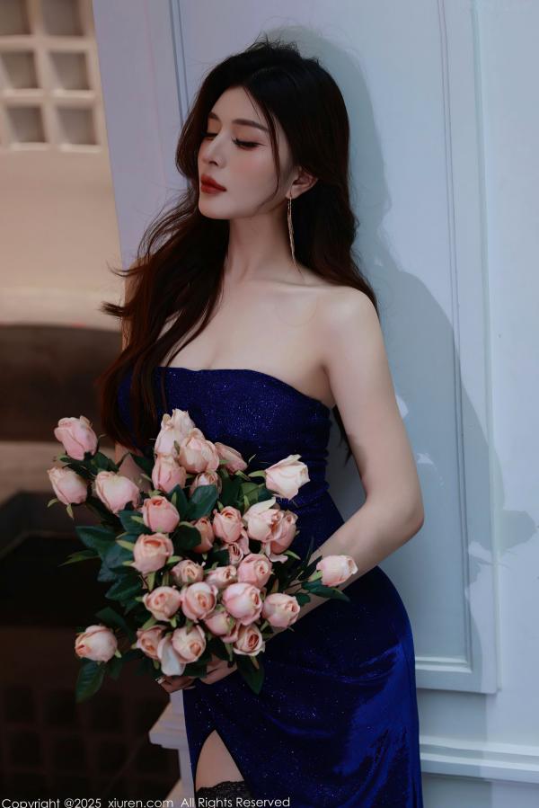    XiuRen秀人网-10740-阿依莎-高冷御姐蓝色抹胸长裙与性感内衣诱惑黑丝私房照第7张图片