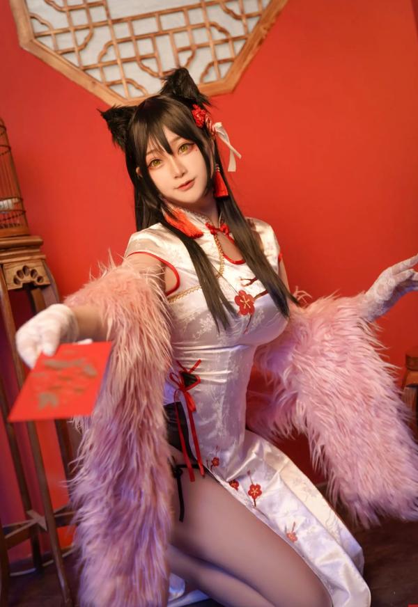    Halo_酱 - 爱宕新春旗袍，樱花树下cosplay绝美写真，红白旗袍搭配猫耳造型，国潮古风新春视觉盛宴第12张图片