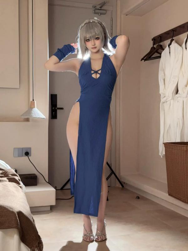    屿鱼 - 海外自拍，银发cosplay高开叉长裙，室内极致诱惑私房写真第11张图片