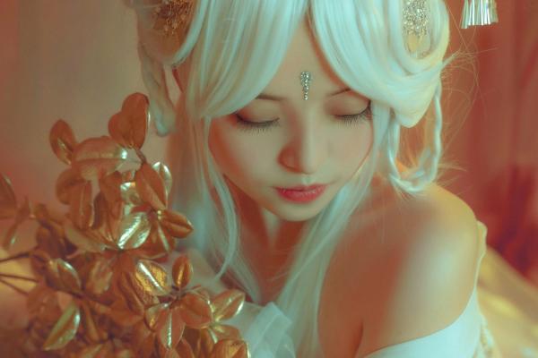    爆机少女喵小吉魔术写真：古风白发仙女cos，梦幻金粉轻纱，极致唯美神秘幻境第2张图片