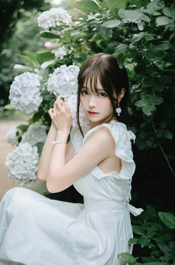    Ely_eee(ElyEE子) 雨季绣球花：清新白裙花海户外写真，夏日治愈系灵动女神第13张图片