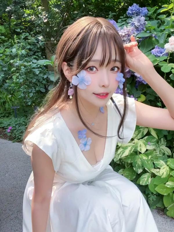    Ely_eee(ElyEE子) 雨季绣球花：清新白裙花海户外写真，夏日治愈系灵动女神第30张图片
