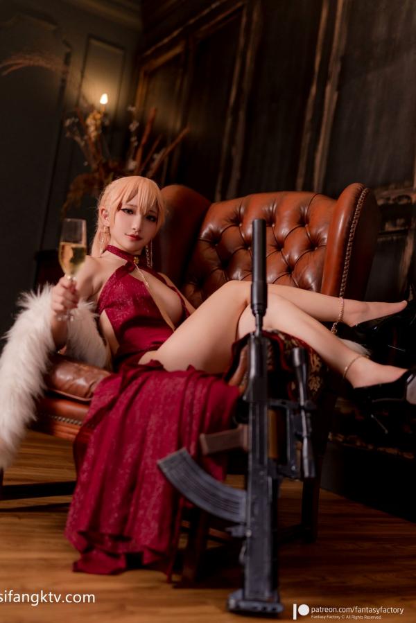    Fantasy-Factory小丁Ding角色扮演少女前线OTs-14，深红高开叉礼服尽显冷艳特工风格极致诱惑第5张图片
