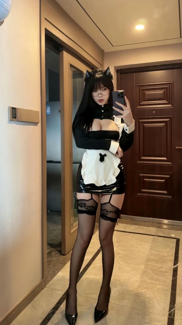    琳铛铛 - 猫耳女仆角色扮演，性感黑丝制服诱惑，火辣紧身私房镜面自拍第5张图片