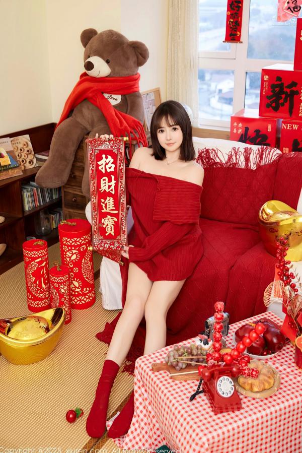 养乐多DoDo 徐嘉乐  XiuRen秀人网-养乐多Doll-新春特辑：红色针织与内衣穿搭，节日氛围感私房女神大片第25张图片
