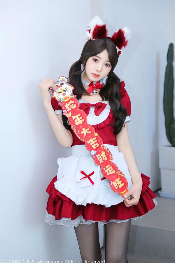    XiuRen秀人网-9814-桃妖夭：新春红火诱惑，红色女仆短裙与性感内衣私房大片，黑丝美腿与绝美身材，节日氛围下的极致视觉盛宴 (2025.01.24)第14张图片