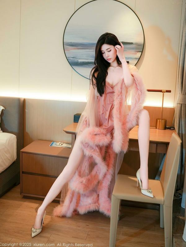   XiuRen秀人网-9705-Erikaki-粉色羽毛纱裙诱惑写真-居家私房高跟鞋长腿女神-2025.01.03第7张图片