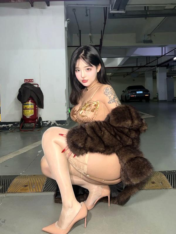    小u优优子 地下车库性感写真 貂皮大衣搭配蕾丝内衣诱惑 [50P]第3张图片