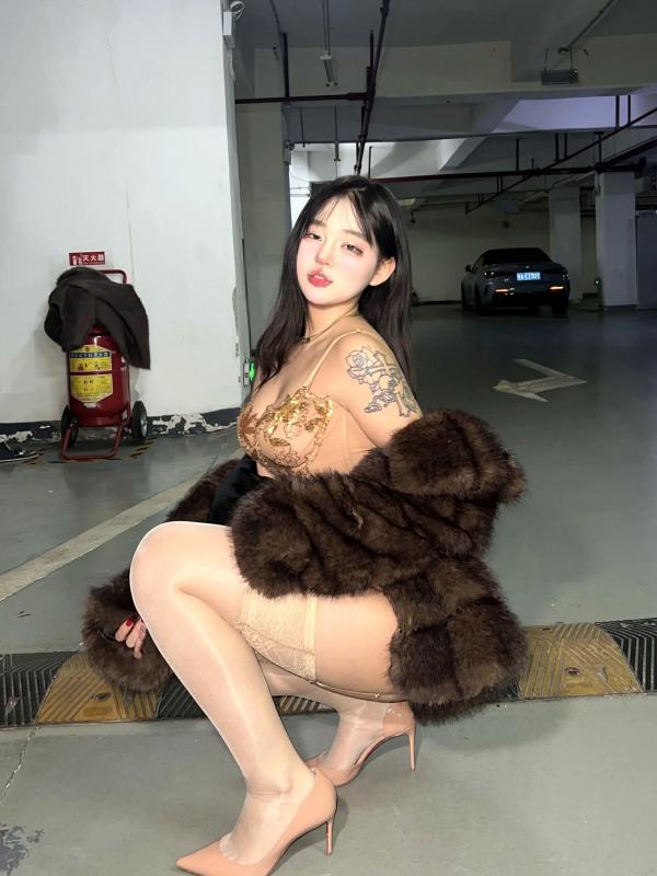    小u优优子 地下车库性感写真 貂皮大衣搭配蕾丝内衣诱惑 [50P]第4张图片