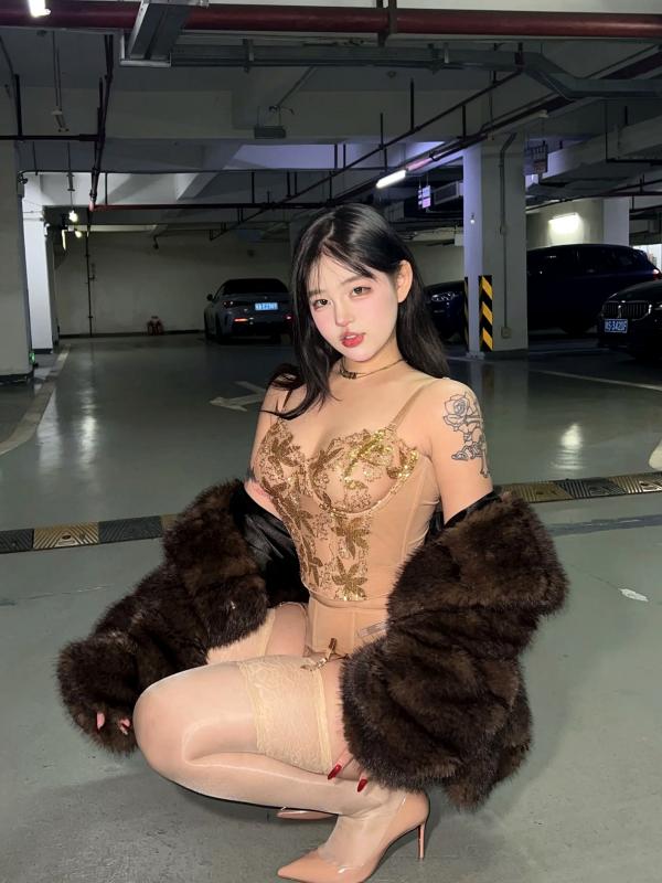    小u优优子 地下车库性感写真 貂皮大衣搭配蕾丝内衣诱惑 [50P]第13张图片
