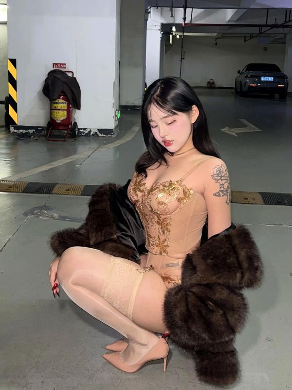    小u优优子 地下车库性感写真 貂皮大衣搭配蕾丝内衣诱惑 [50P]第14张图片