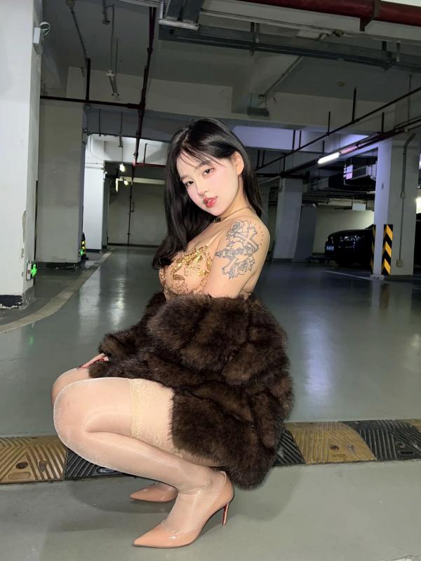    小u优优子 地下车库性感写真 貂皮大衣搭配蕾丝内衣诱惑 [50P]第45张图片