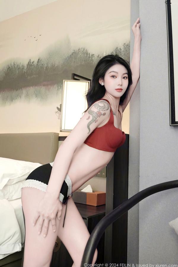    [FeiLin嗲囡囡] 希恬儿：红内衣黑蕾丝室内私房大尺度写真，高冷纹身女神性感魅力演绎第20张图片