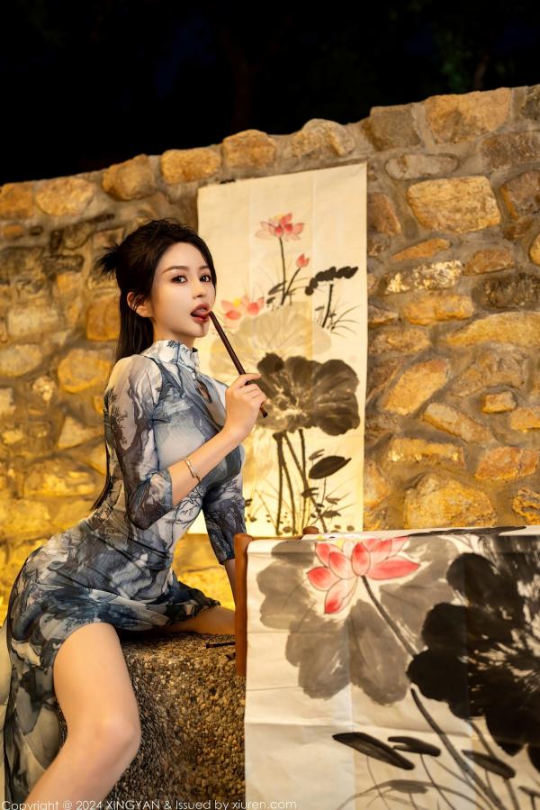    林幼一国风艺术写真：灰印花旗袍与水墨韵味，演绎极致东方古典性感，尽显白皙诱人曲线第3张图片