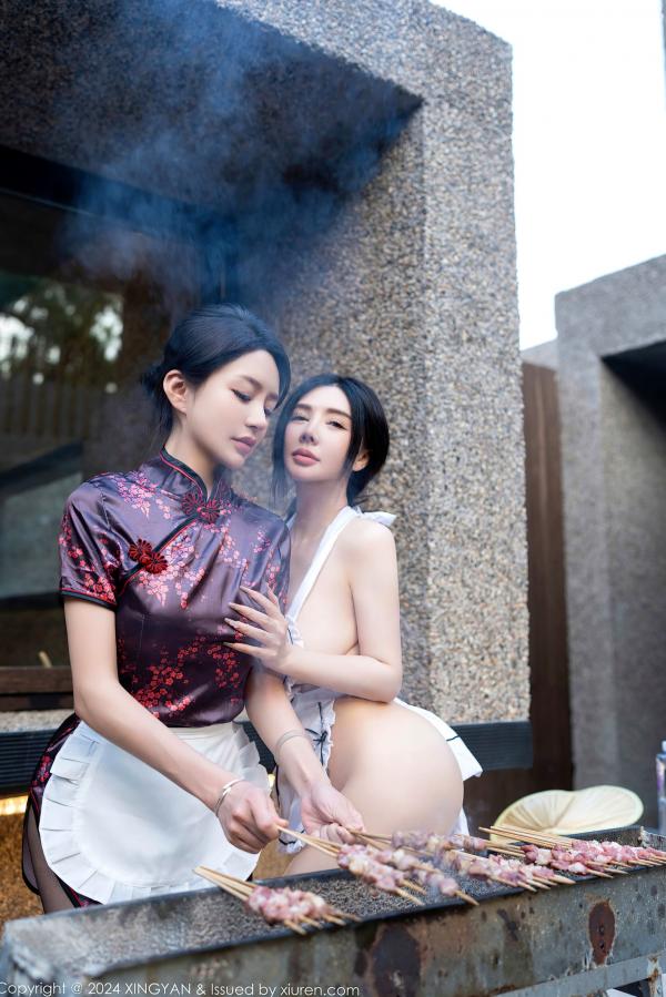    XingYan星颜社-242-潘思沁-林幼一：姐妹花户外烧烤私房写真，性感围裙黑丝诱惑，制服爆乳大尺度视觉盛宴-2024.06.14第7张图片