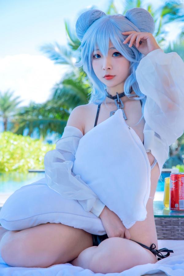    Yuuhui玉汇-013-PA15，二次元蓝发动漫少女户外泳池比基尼写真，清凉夏日清新性感美少女精选第11张图片