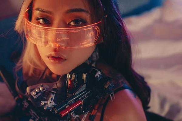    YouMi尤蜜-丰臣羽立《辑风女特警》赛博朋克机能风写真，科技感LED面具搭配黑色吊带，冷艳性感私房视觉大片第16张图片