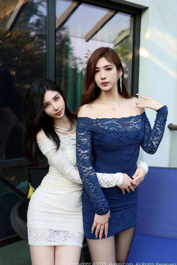    XiuRen秀人网-7669-月野兔美妞-曼柔：蕾丝短裙姐妹花黑丝诱惑，极品内衣写真大片第5张图片