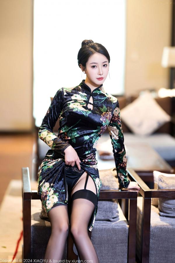    XiaoYu语画界-苏苏阿-古典印花旗袍与黑丝蕾丝内衣极致诱惑写真-私房照御姐气质女神第21张图片