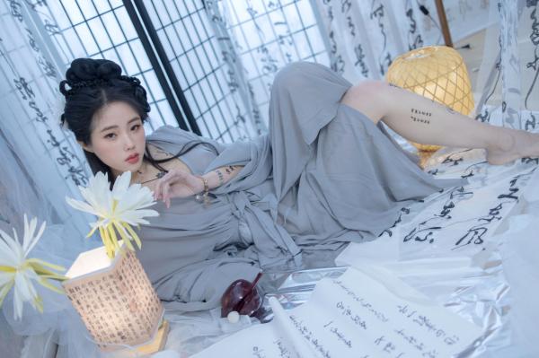    钛合金TiTi-鬼神禄：唯美古风书法纹身人体艺术，屏风水墨意境写真第10张图片