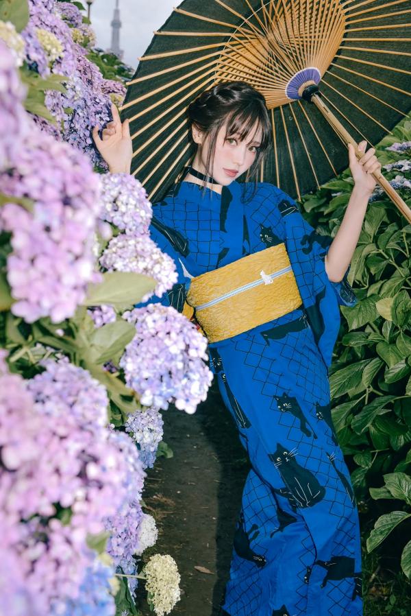    Ely_eee(ElyEE子) - 雨季黑猫日系和服绣球花唯美写真 [38P]第21张图片