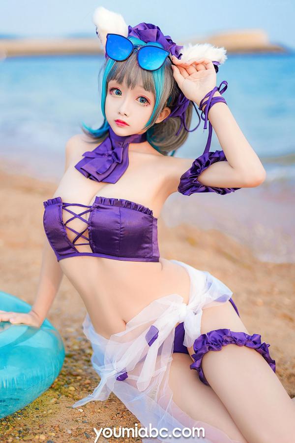    YouMi尤蜜-奶泡娇-泳装柴郡猫 二次元动漫COS清纯海边写真第2张图片