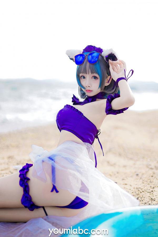    YouMi尤蜜-奶泡娇-泳装柴郡猫 二次元动漫COS清纯海边写真第7张图片