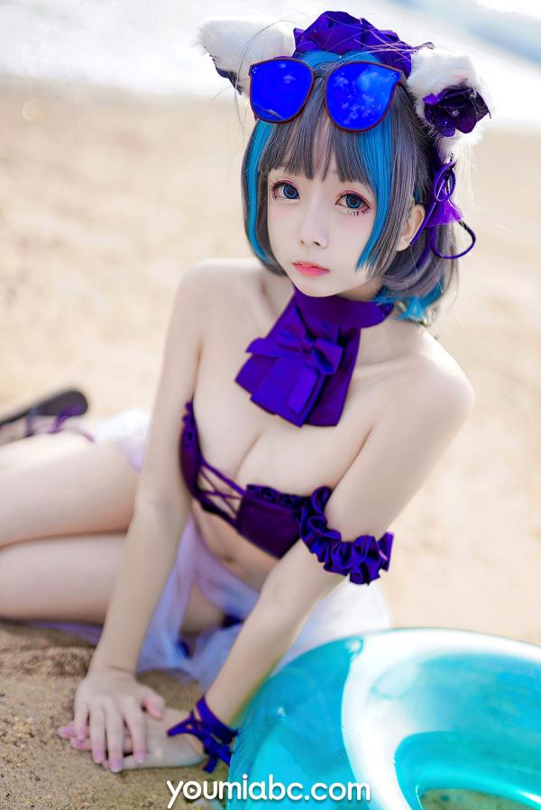    YouMi尤蜜-奶泡娇-泳装柴郡猫 二次元动漫COS清纯海边写真第8张图片
