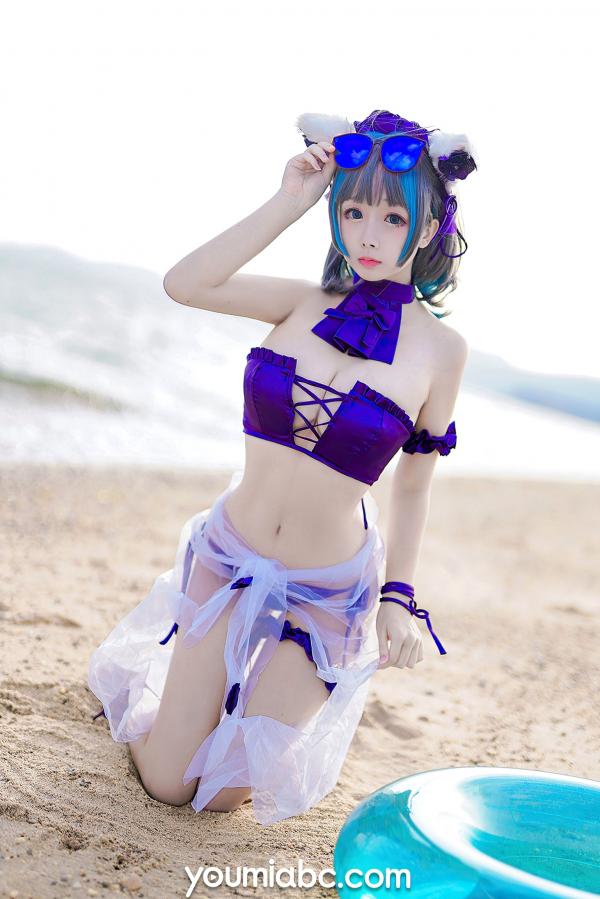    YouMi尤蜜-奶泡娇-泳装柴郡猫 二次元动漫COS清纯海边写真第9张图片