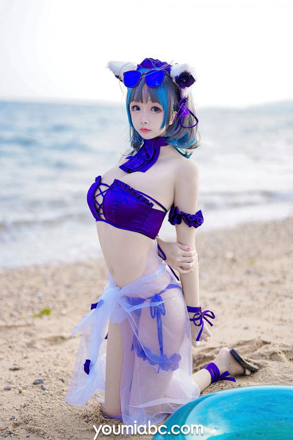    YouMi尤蜜-奶泡娇-泳装柴郡猫 二次元动漫COS清纯海边写真第10张图片