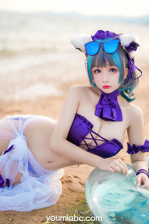    YouMi尤蜜-奶泡娇-泳装柴郡猫 二次元动漫COS清纯海边写真第11张图片
