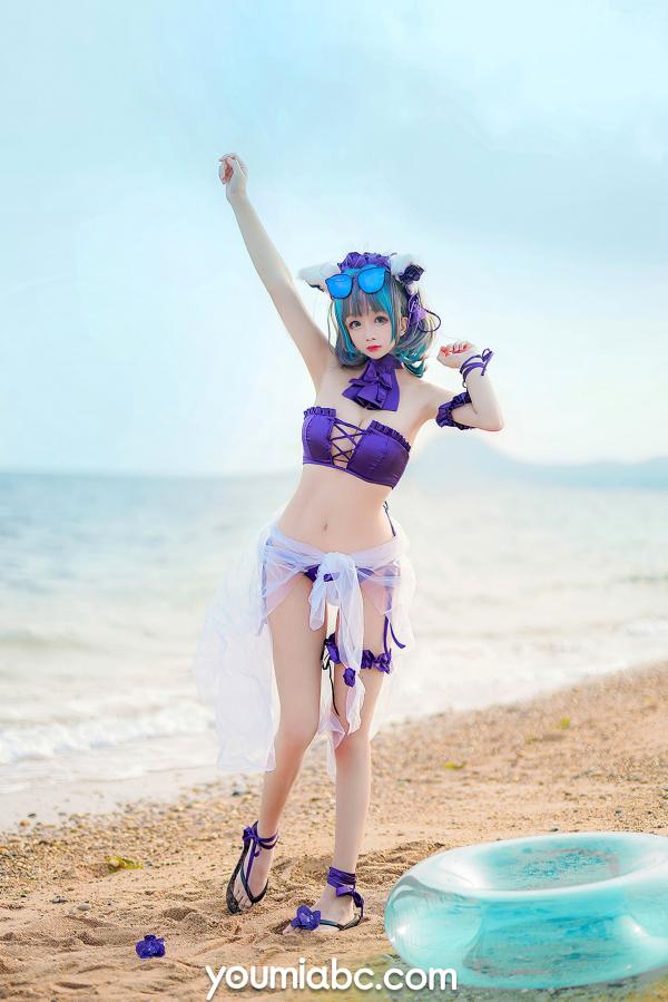    YouMi尤蜜-奶泡娇-泳装柴郡猫 二次元动漫COS清纯海边写真第13张图片