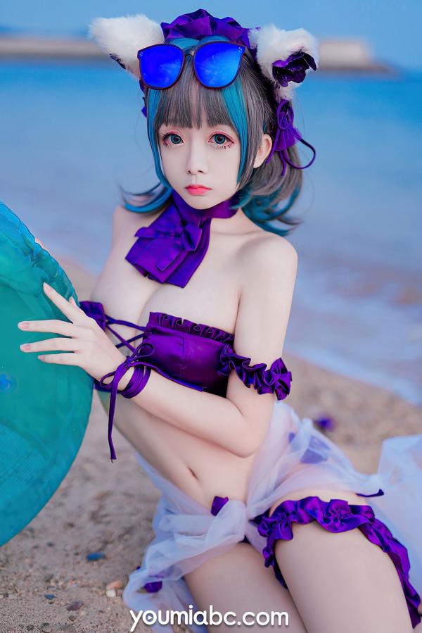    YouMi尤蜜-奶泡娇-泳装柴郡猫 二次元动漫COS清纯海边写真第16张图片