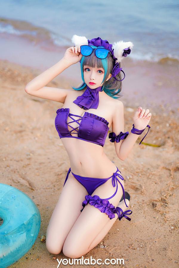    YouMi尤蜜-奶泡娇-泳装柴郡猫 二次元动漫COS清纯海边写真第17张图片