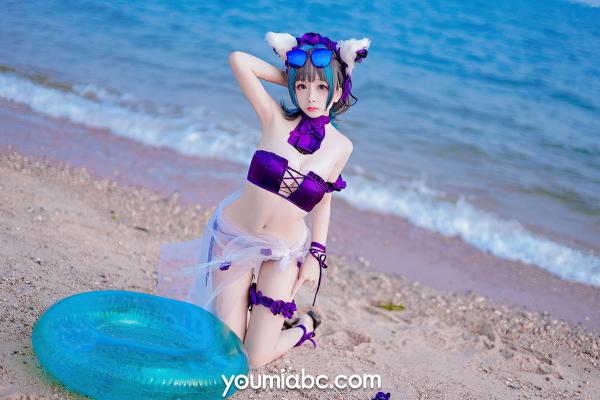    YouMi尤蜜-奶泡娇-泳装柴郡猫 二次元动漫COS清纯海边写真第32张图片