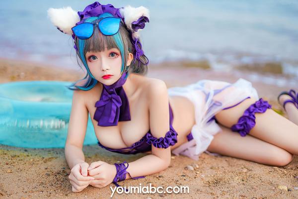    YouMi尤蜜-奶泡娇-泳装柴郡猫 二次元动漫COS清纯海边写真第34张图片