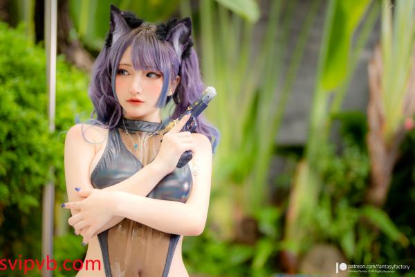    Fantasy-Factory-小丁Ding紫发猫女Cosplay写真，泳池湿身黑色连体泳衣诱惑，展现冷艳俏皮曲线美第9张图片