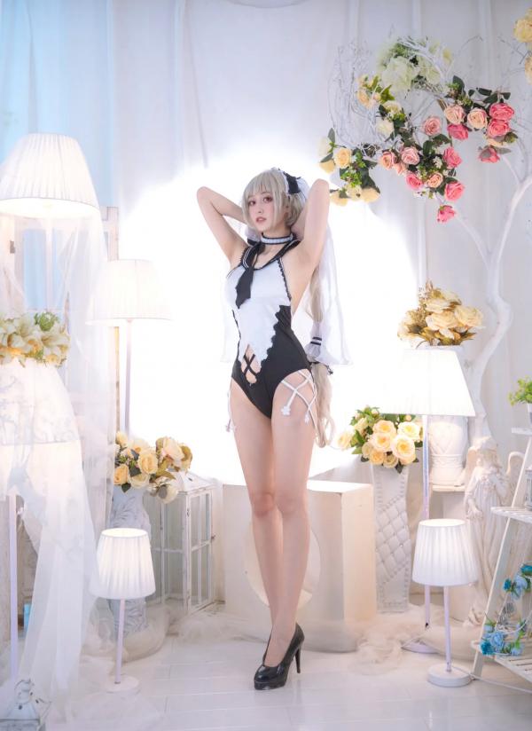    冬马路纱碧蓝航线可畏Cosplay，唯美花海黑白婚纱诱惑私房大尺度写真第9张图片