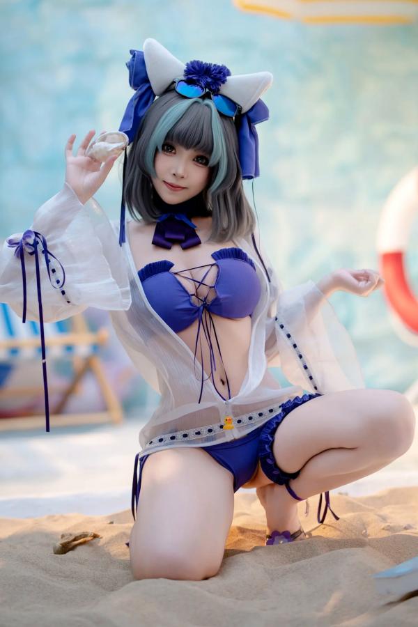    Bangni邦尼 - 泳装柴郡猫娘COS 海边度假风比基尼写真 大尺度诱惑视觉盛宴第4张图片