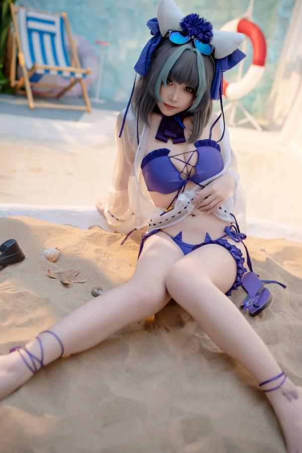    Bangni邦尼 - 泳装柴郡猫娘COS 海边度假风比基尼写真 大尺度诱惑视觉盛宴第31张图片