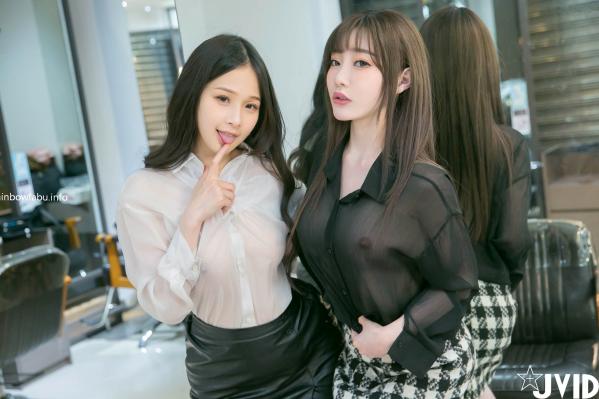    JVID璃奈酱与婕咪：理发店诱惑沙龙，制服若隐若现的极致双生情色大片第46张图片