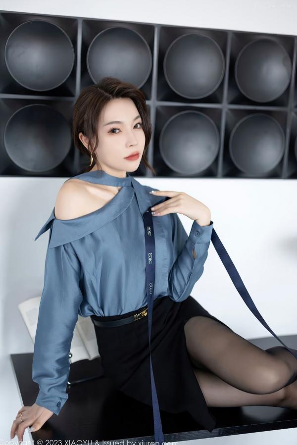    XiaoYu语画界-979-徐莉芝：灰蓝衬衫黑丝OL职场风，黑色蕾丝内衣尽显极品身材，性感私房诱惑系列第14张图片