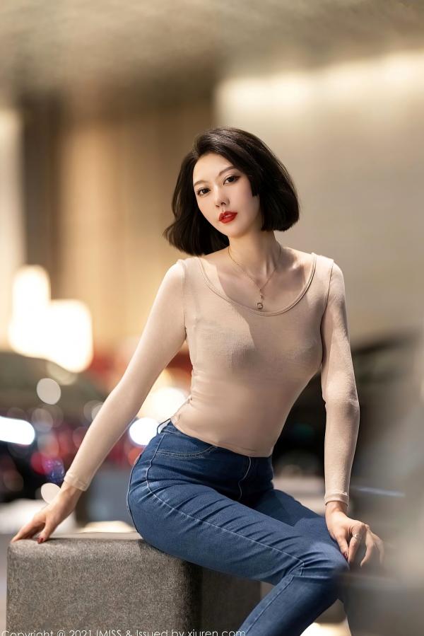    IMiss爱蜜社600期艺轩：短发女神精致私房写真，肉色紧身T恤与黑色蕾丝内衣尽显性感诱惑第9张图片