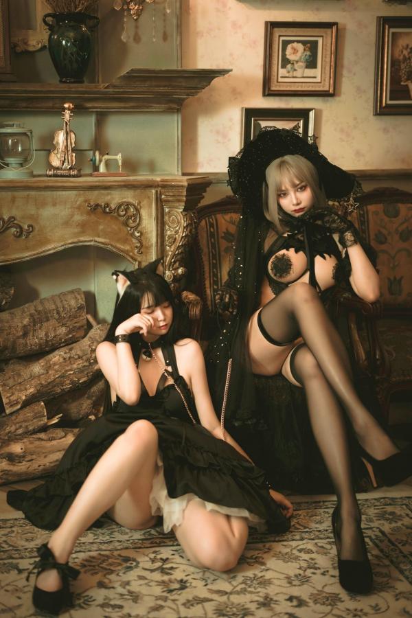    落落Raku与搭档演绎魔女黑猫，暗黑哥特风角色扮演私房，高清束缚感艺术大片第15张图片