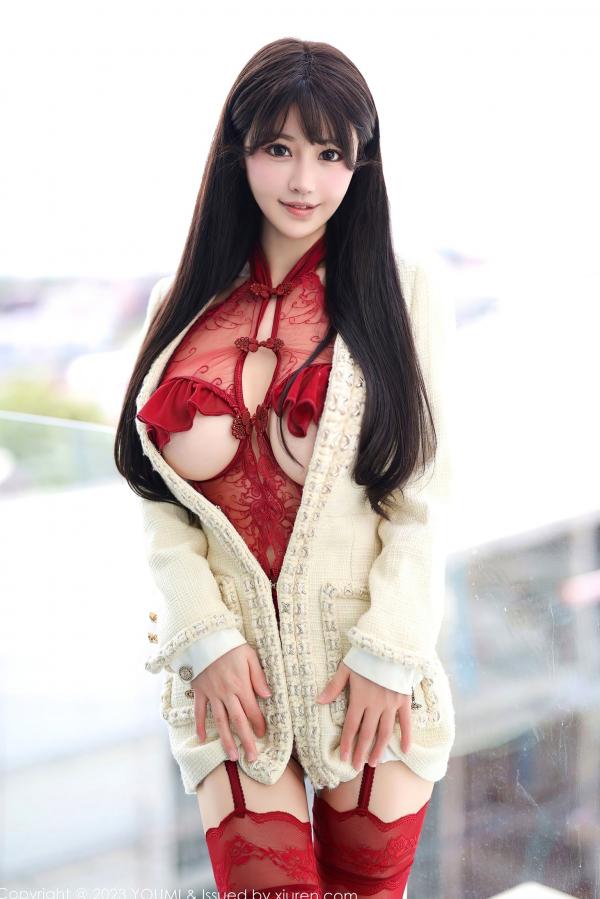    YouMi尤蜜荟朱可儿Flora红色轻透情趣内衣私房写真，性感极品尤物透视装搭配丝袜魅惑大尺度视觉盛宴第2张图片