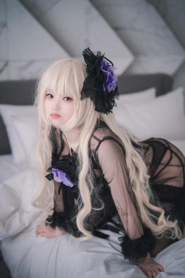    韩国美女Bambi斑比《命运之子》丽塔Cosplay：暗黑哥特风黑丝蕾丝内衣，精致白发造型诱惑写真第6张图片