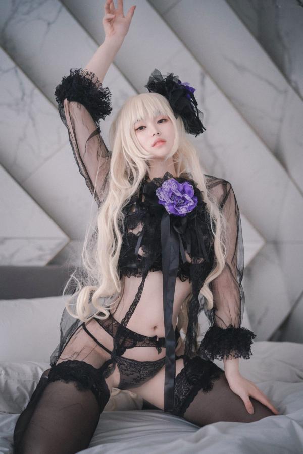    韩国美女Bambi斑比《命运之子》丽塔Cosplay：暗黑哥特风黑丝蕾丝内衣，精致白发造型诱惑写真第12张图片
