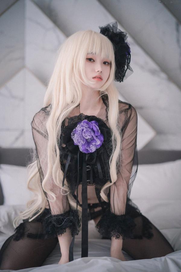    韩国美女Bambi斑比《命运之子》丽塔Cosplay：暗黑哥特风黑丝蕾丝内衣，精致白发造型诱惑写真第14张图片