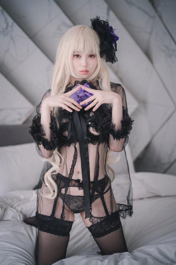    韩国美女Bambi斑比《命运之子》丽塔Cosplay：暗黑哥特风黑丝蕾丝内衣，精致白发造型诱惑写真第20张图片